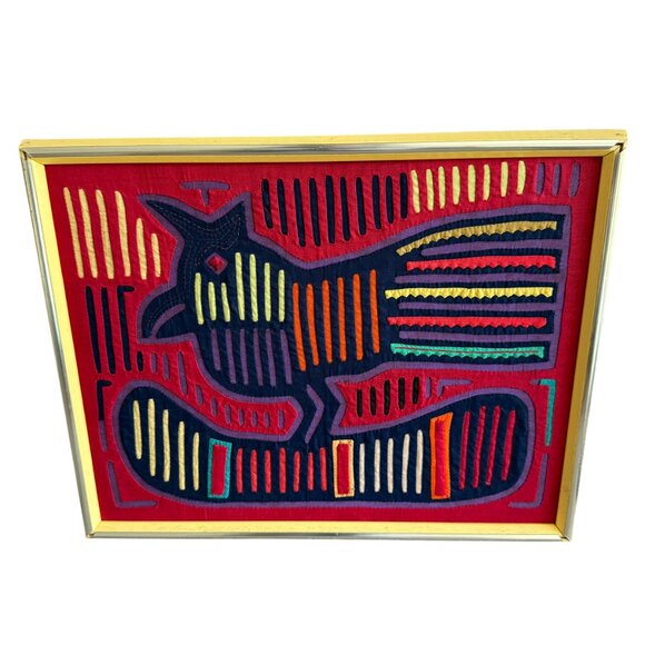 Vintage Mid Century Kuna Mola Cloth Folk Art Bird Framed 13" x 17"